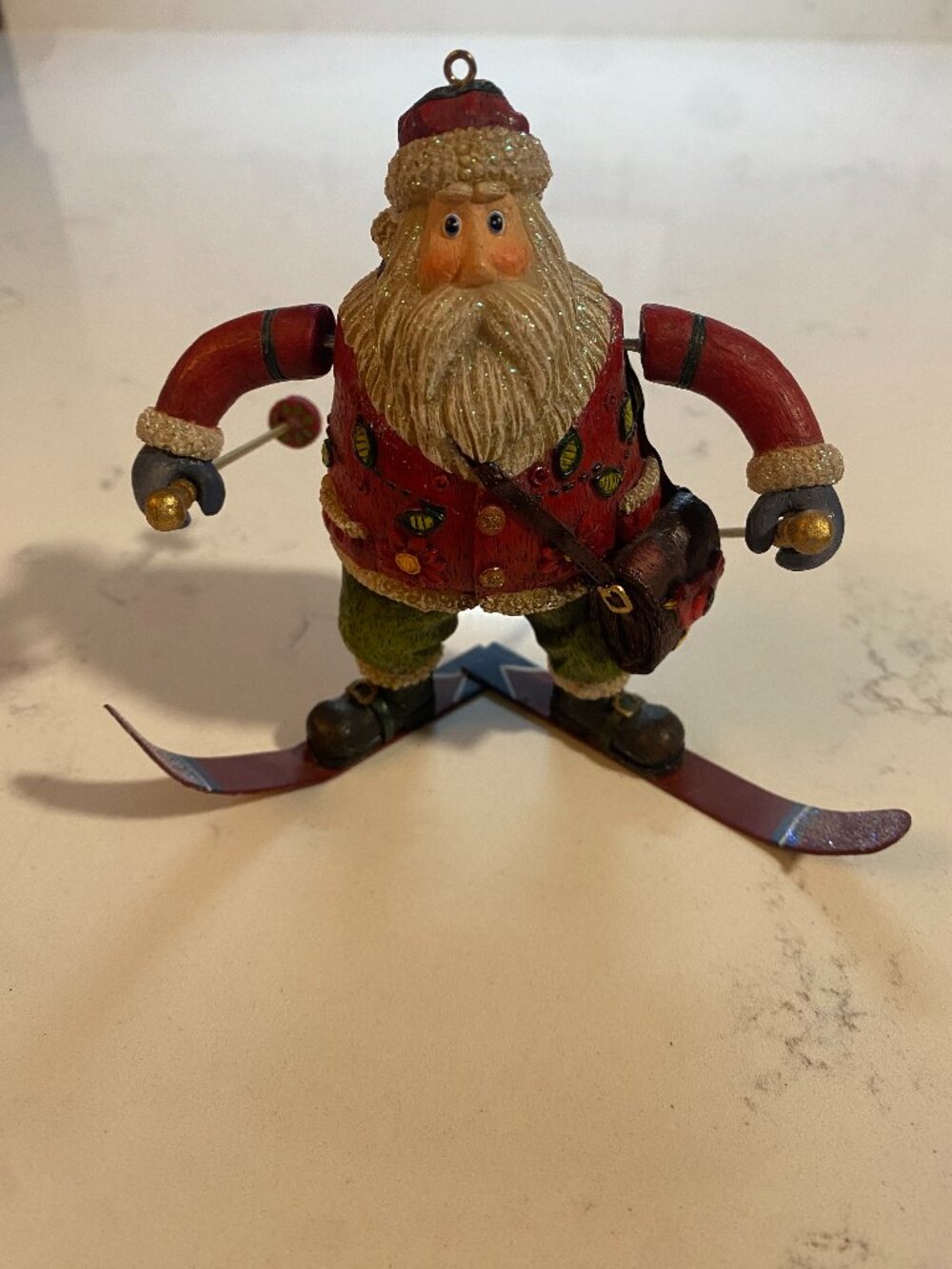 Santa Claus Skiing Christmas Ornament Resin Glitter Skis Poles 4.5"
